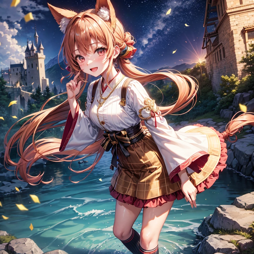 Pink, red, brown, gold, gold hair、Red gold eyes、Hair tied up、One good looking girl、solo、anime、Checkered mini skirt、Ruffles on the skirt、Checked dress、blouse、Kimono、Black knee-high socks、Ribbon、Ribbon on waist、Teeth are visible、Sparkly Necklace、From above、Cobblestones、waterfall、Starry Sky、Midnight Moon、suspension bridge、beam、Standing still、Edo、Confetti、Kicking、Arranging stones、Uphill、An old castle built on a rocky mountain、The scenery is reflected on the water