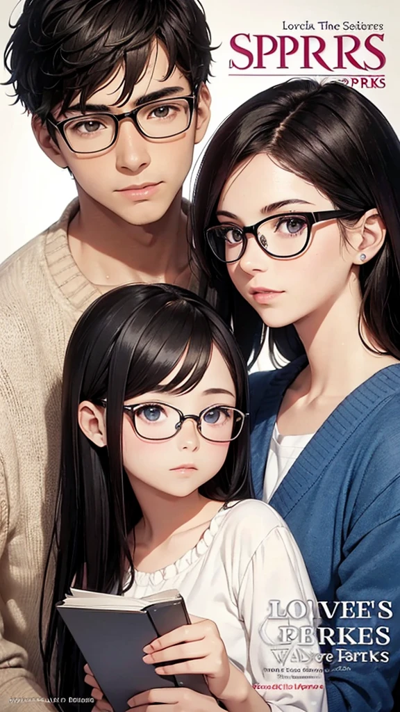 Cover of a book with the name "love sparks", having a photo of a couple made up of a young boy with black hair and glasses and a young woman with brown hair and blue eyes.