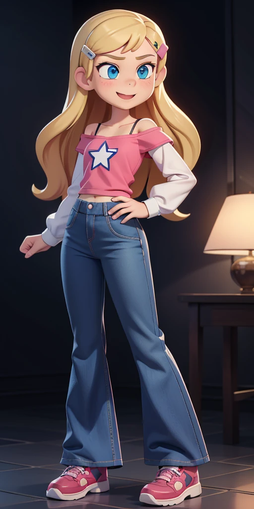 score_9, source_cartoon, 1girl, solo, Kelly Marra, looking very happy, looking very cute, long hair, blonde hair, cute blue eyes, hair ornament, hairclip, white star (symbol) in the middle of the shirt, flare baggy blue pants(Wide flares on pants:1.2), black combat boots, Pink off shoulder t-shirt with white long sleeves,