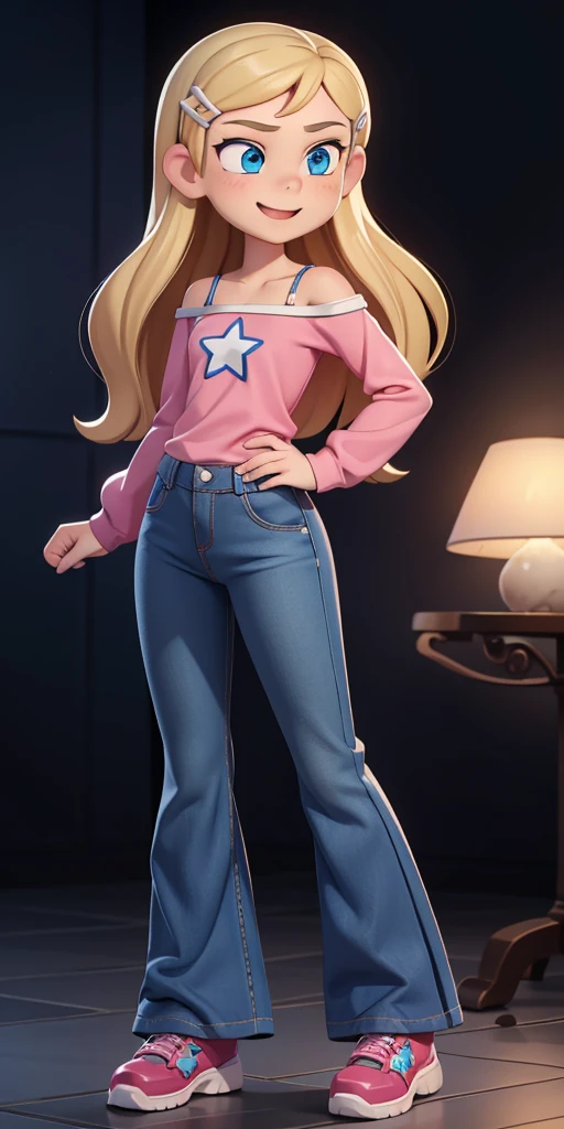 score_9, source_cartoon, 1girl, solo, Kelly Marra, looking very happy, looking very cute, long hair, blonde hair, cute blue eyes, hair ornament, hairclip, white star (symbol) in the middle of the shirt, flare baggy blue pants(Wide flares on pants:1.2), black combat boots, Pink off shoulder t-shirt with white long sleeves,
