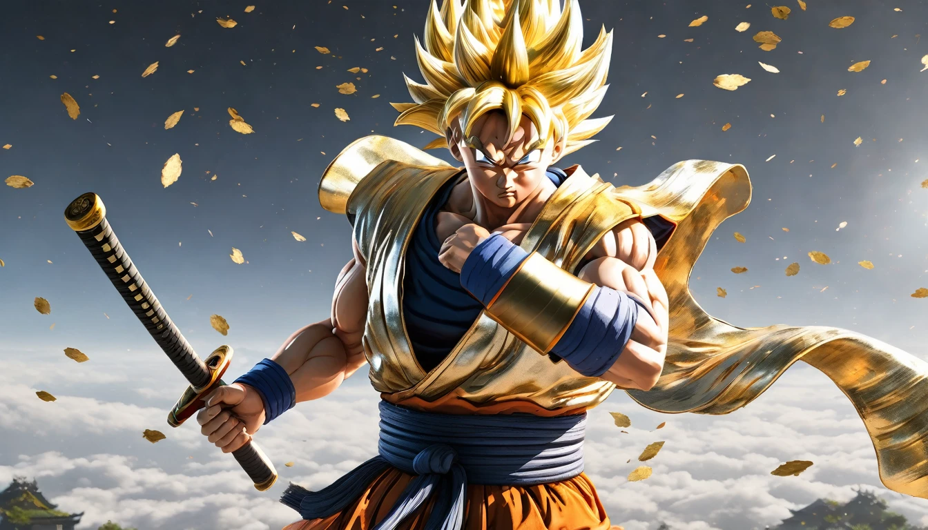 A highly detailed, photorealistic image of an goku  with a white and gold color scheme, holding a Katana sword, set in a Japanese-inspired setting with a ronin theme, on a plain white background, masterfully rendered in 4K ultra-high resolution.
