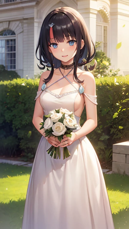 masterpiece, great quality, ultra detail, illustration, game cg, 1girl, solo, (FGOErice), collarbone, wedding dress, blush, standing, garden, glossy lips, makeup, light smile