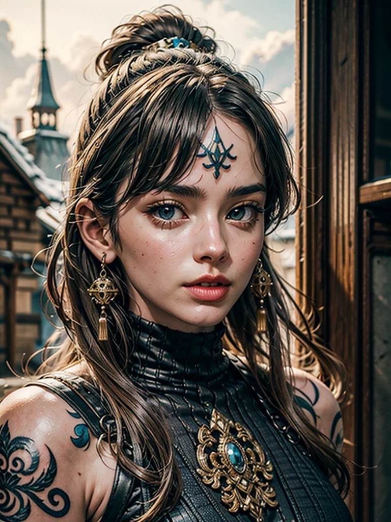 beautiful european woman,beautiful edgArg_woman,beautiful NicoleAnistonQuiron woman,8k RAW professional photo,viking wear,style of warhammer 40k,intricate dress,castle,tattoo,muscle body,neon,fog,real skin,(masterpiece),(extremely intricate:1.3),(realistic),dslr,soft lighting,high quality,film grain,Fujifilm XT3,sharp focus,tattoo,