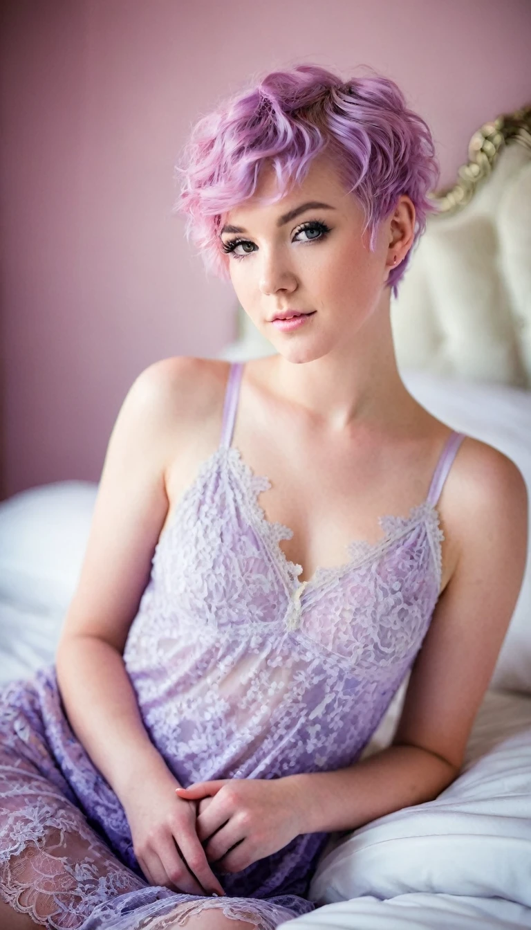 a portrait of a beautiful 20-year-old model with a pink pixie cut hair and a lavender lace nightgown, boudoir photography, beautiful lighting