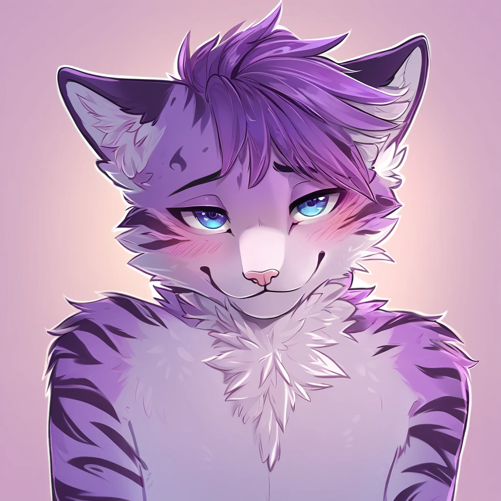 adult, feline, mammal, anthro, anthropomorphic, cat, striped, fur, striped_feline, fur, male, light_purple_fur, purple_hair, fluffy, white_chest, shy, small_pupils, digital_art, high_resolution, high_res, detailed, hand-drawn, pencil_lines, head_visible, background, neck_visible, seductive_face, detailed_line_work, profile_picture, head_visible, neptune_background, purple_background, cute, white, posing, finger_paws, dream_pose, headshot, head_only, small_pupils, seductive_face, tufts, paws, chest, glossy_fur, vibrant_colors, expressive_eyes, elegant_pose, high_quality
