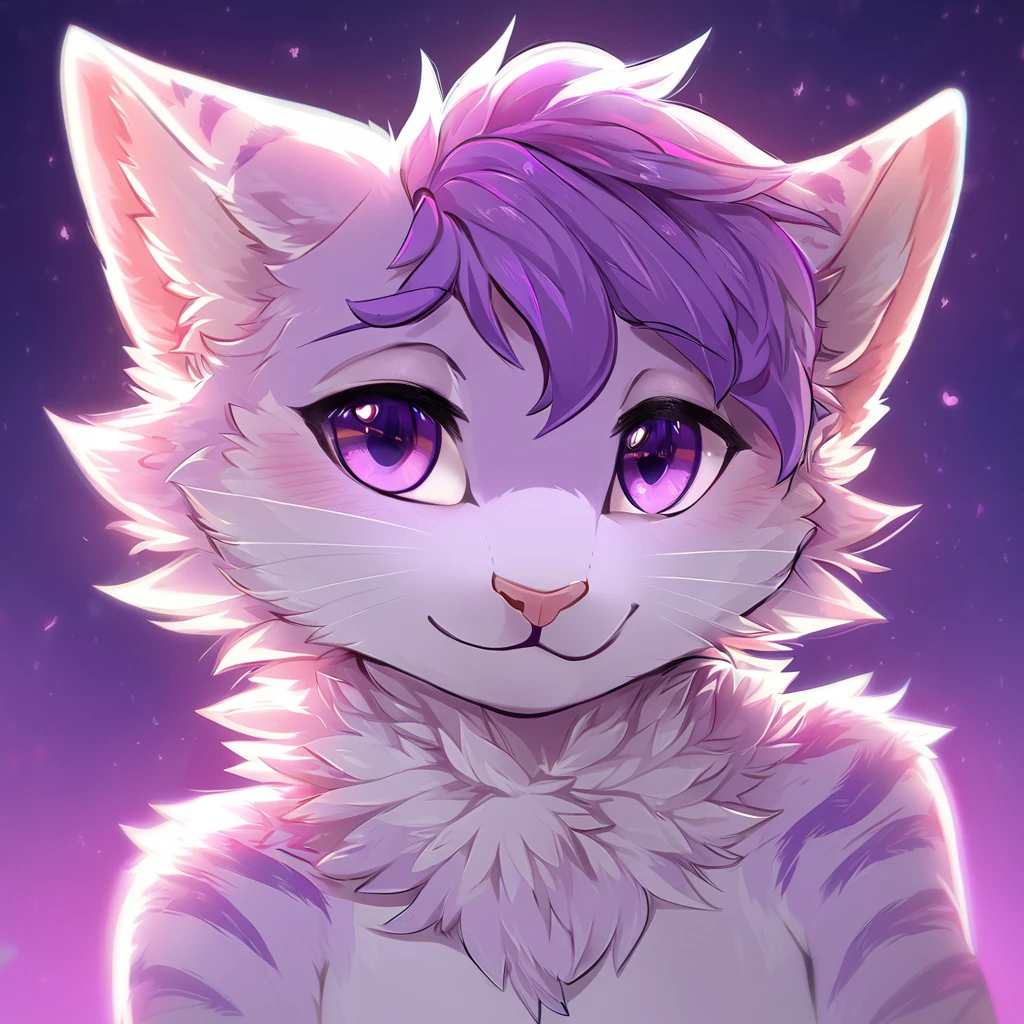 adult, feline, mammal, anthro, anthropomorphic, cat, striped, fur, striped_feline, fur, male, light_purple_fur, purple_hair, fluffy, white_chest, shy, small_pupils, digital_art, high_resolution, high_res, detailed, hand-drawn, pencil_lines, head_visible, background, neck_visible, seductive_face, detailed_line_work, profile_picture, head_visible, neptune_background, purple_background, cute, white, posing, finger_paws, dream_pose, headshot, head_only, small_pupils, seductive_face, tufts, paws, chest, glossy_fur, vibrant_colors, expressive_eyes, elegant_pose, high_quality