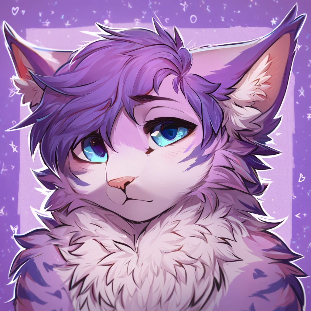 adult, feline, mammal, anthro, anthropomorphic, cat, striped, fur, striped_feline, fur, male, light_purple_fur, purple_hair, fluffy, white_chest, shy, small_pupils, digital_art, high_resolution, high_res, detailed, hand-drawn, pencil_lines, head_visible, background, neck_visible, seductive_face, detailed_line_work, profile_picture, head_visible, neptune_background, purple_background, cute, white, posing, finger_paws, dream_pose, headshot, head_only, small_pupils, seductive_face, tufts, paws, chest, glossy_fur, vibrant_colors, expressive_eyes, elegant_pose, high_quality