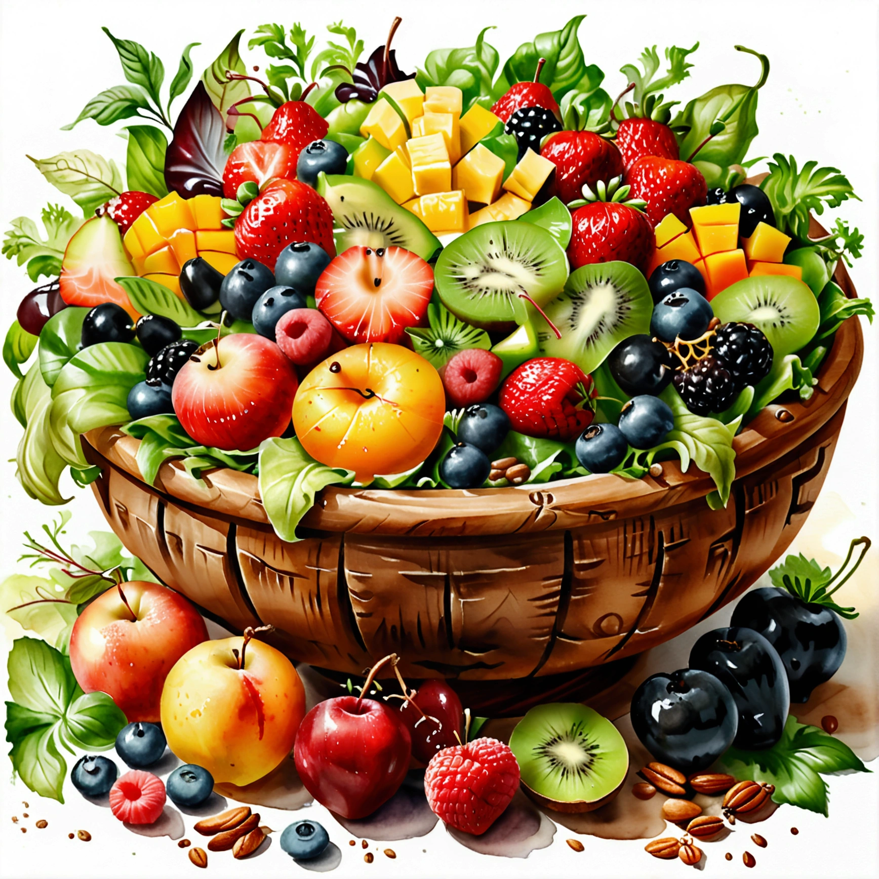 There is bowl of salad made of different fruit , fresh and creamy, served in classy medieval age wooden bowl, illustration, baking ingredients, isolated with solid white background, surrounded with negative space, centered composition, 8k, highest detailed painting, very precise painting, Isolated, clear solid white background, perspective angle of view, ((watercolor:1)), clip art, (lora:add-detail-xl:1), (masterpiece), (best quality), no bread on the floor,