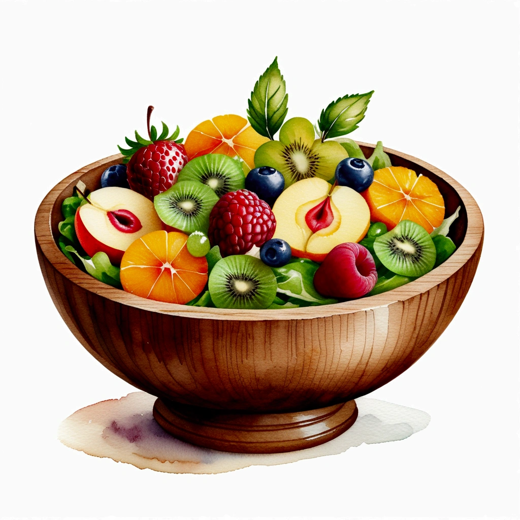 There is bowl of salad made of different fruit , fresh and creamy, served in classy medieval age wooden bowl, illustration, baking ingredients, isolated with solid white background, surrounded with negative space, centered composition, 8k, highest detailed painting, very precise painting, Isolated, clear solid white background, perspective angle of view, ((watercolor:1)), clip art, (lora:add-detail-xl:1), (masterpiece), (best quality), no bread on the floor,