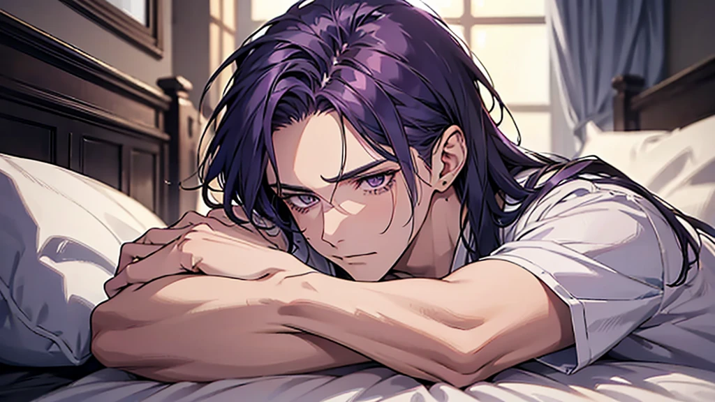 A boy with purple hair, shoulder length hair, lying on his bed crying, wearing a white shirt