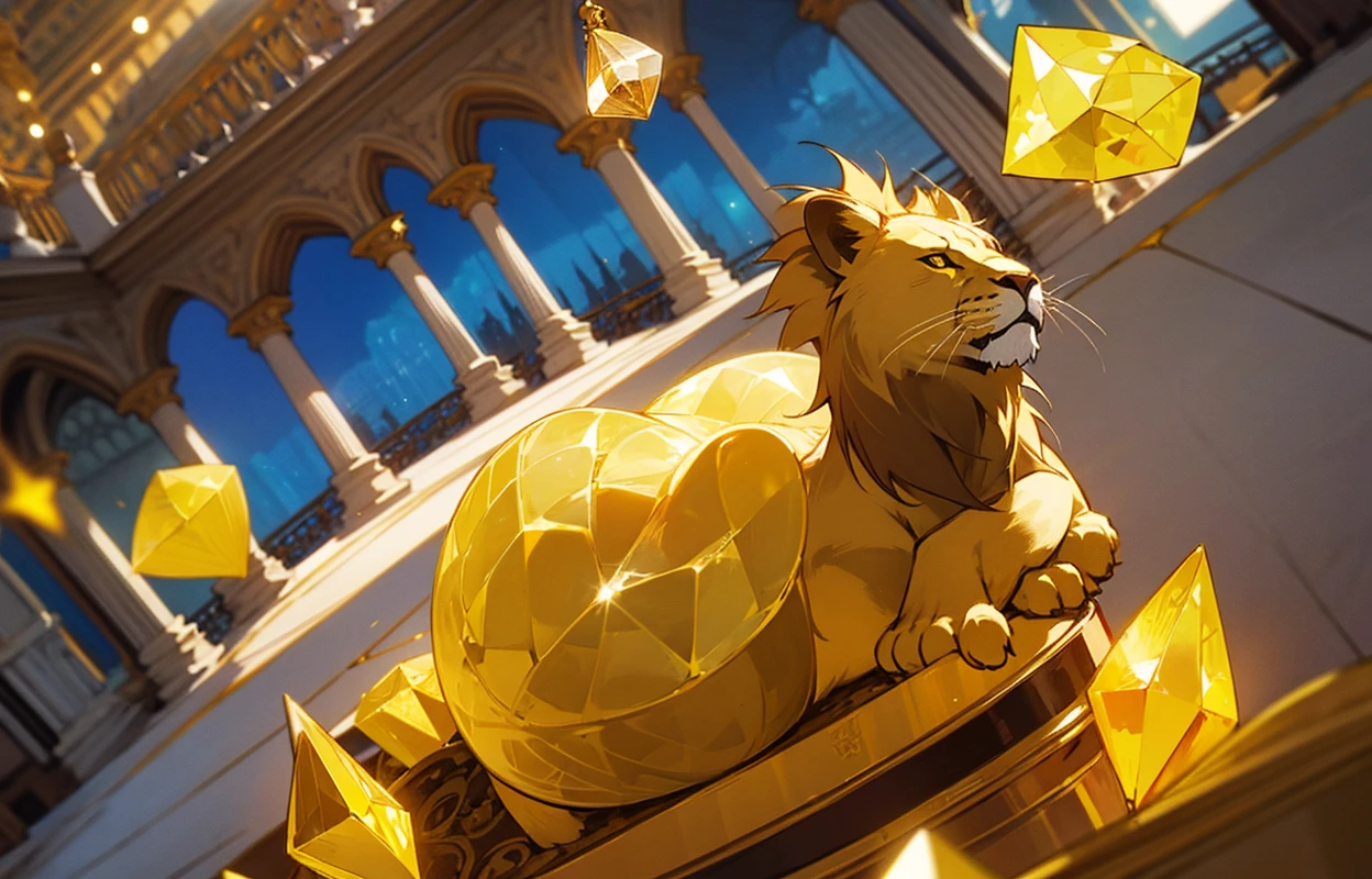 A round-shaped yellow crystal shines with the initial engraving of a lion, it is in a library