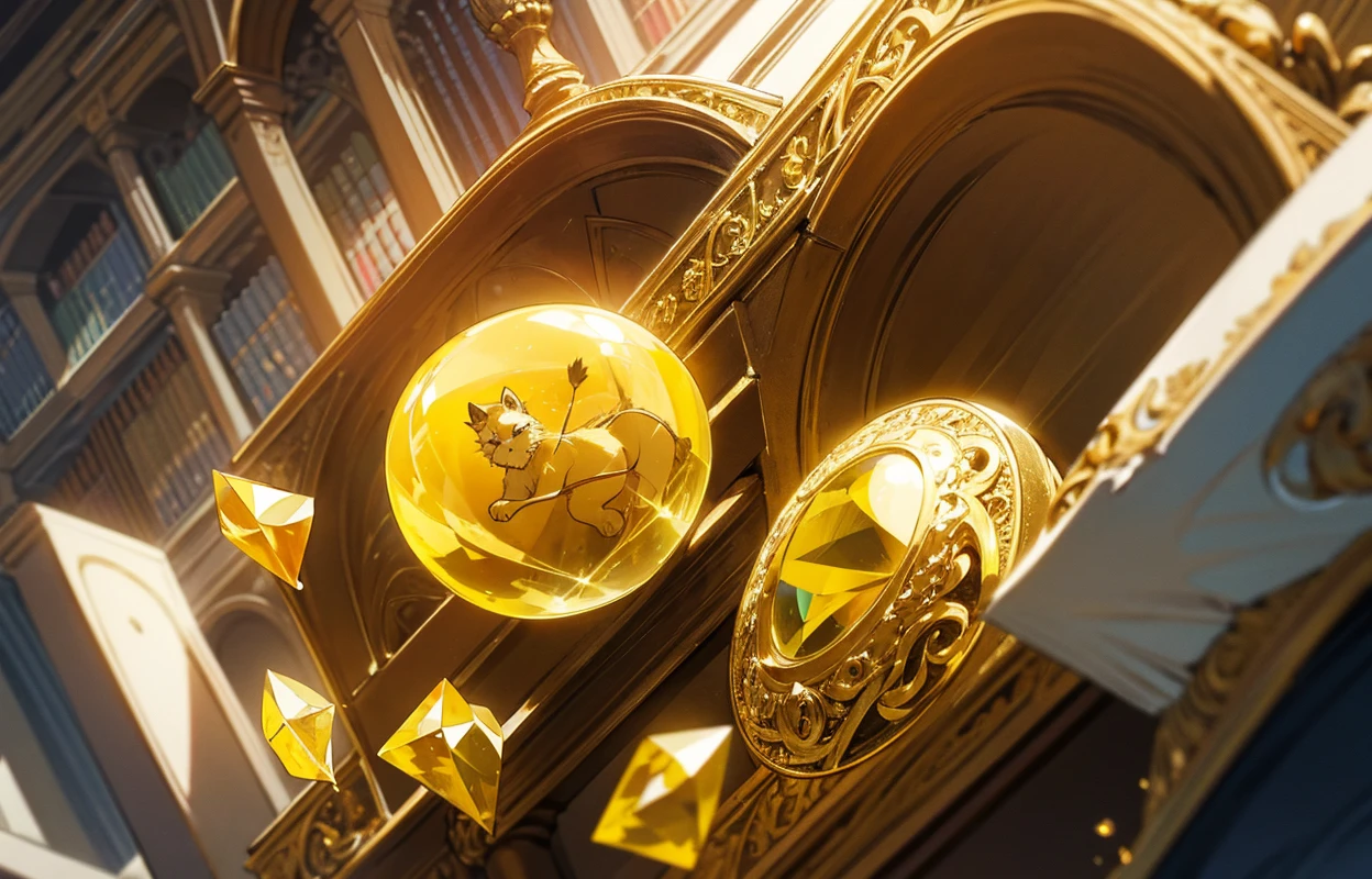 A round-shaped yellow crystal shines with the initial engraving of a lion, it is in a library