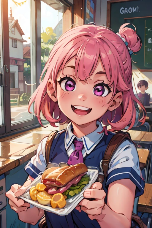 One girl. Perfect face. Perfect hands. A pink haired girl with violet eyes wearing a navy uniform is eating lunch at a school desk with a big smile
