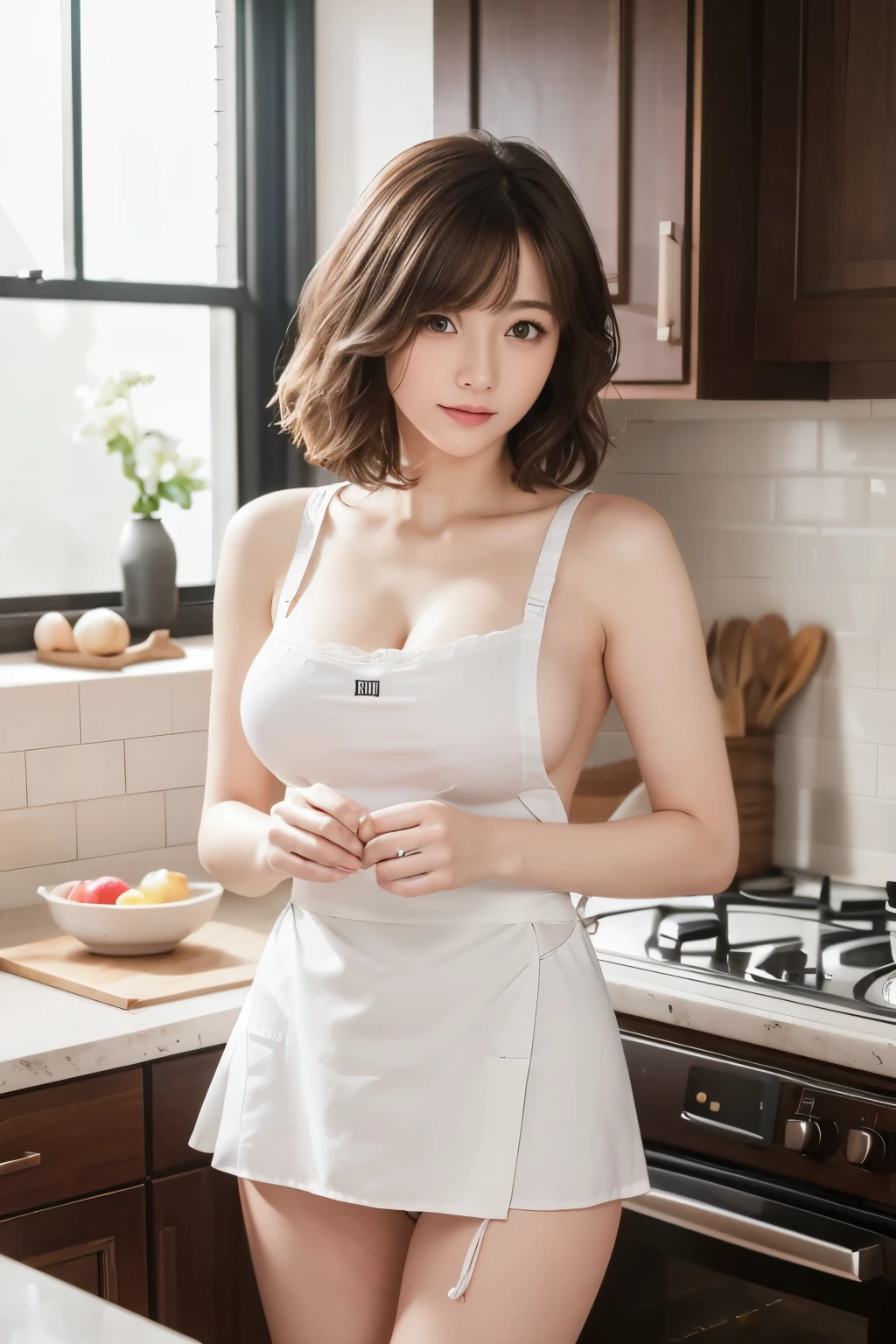 (8K, RAW Photos, Highest quality, masterpiece: 1.2)、Very detailed, Super Resolution, (Realistic, Actual Photos: 1.37), White skin, High resolution raw color photos, Very detailed、Clear focus:1.2、 years old、Married women、Big and soft breasts、Ultra detailed face、short hair、Tight clothing、(Long apron、Panties:1.1)、kitchen、cooking、Don&#39;t look at the camera、soft, droopy breasts、smile、Dark Background、Thighs、Back view、back、Butt、