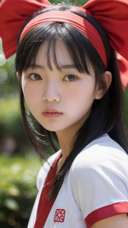 nakorurums, red bow, bow, red hairband, hairband, hair fringe, long hair, ainu clothes, fingerless gloves, short sleeves, kunoichi, katana zero video game character, amaterasu, skin pores texture, cute, wrinkled skin, sharp, 15 years old, embarassed, (Asian girl:1.2), (Realistic hair:1.2), (realistic eyes:1.2), (Beauty face:1.3), (detailed face and eyes):1.2, (freckles:0.5), perfect body, perfect hands, perfect face, perfect eyes, Best quality, ultra highres, (realistic, photo-realistic:1.33), (8k, RAW photo, best quality, masterpiece:1.2), wide shot, 135mm, Canon, UHD, textured skin, super detail, high details, high quality, best quality, highres, 16k