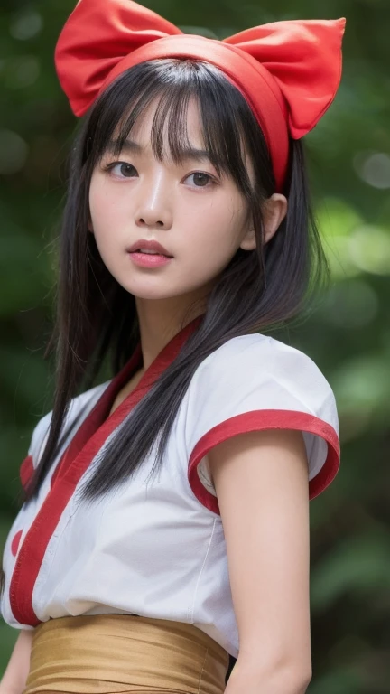 nakorurums, red bow, bow, red hairband, hairband, hair fringe, long hair, ainu clothes, fingerless gloves, short sleeves, kunoichi, katana zero video game character, amaterasu, skin pores texture, cute, wrinkled skin, sharp, 15 years old, embarassed, (Asian girl:1.2), (Realistic hair:1.2), (realistic eyes:1.2), (Beauty face:1.3), (detailed face and eyes):1.2, (freckles:0.5), perfect body, perfect hands, perfect face, perfect eyes, Best quality, ultra highres, (realistic, photo-realistic:1.33), (8k, RAW photo, best quality, masterpiece:1.2), wide shot, 135mm, Canon, UHD, textured skin, super detail, high details, high quality, best quality, highres, 16k