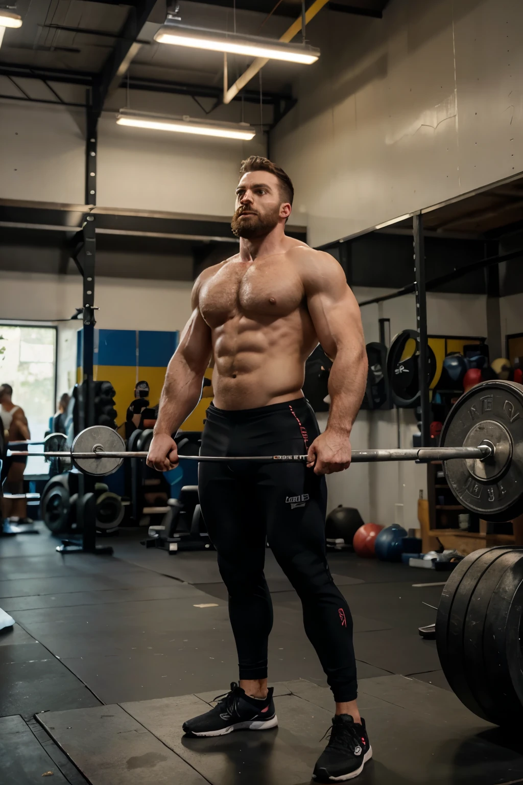 arafed man in a gym with a barbell in his hand, chris evans as a powerlifter, athletic crossfit build, lifting weights, bearded and built, brawny! CrossFit, working out, sebastien chabal, photo taken in 2018, carrying two barbells, dylan kowalsk, Calebe Worcester, Clayton Crain .backside.