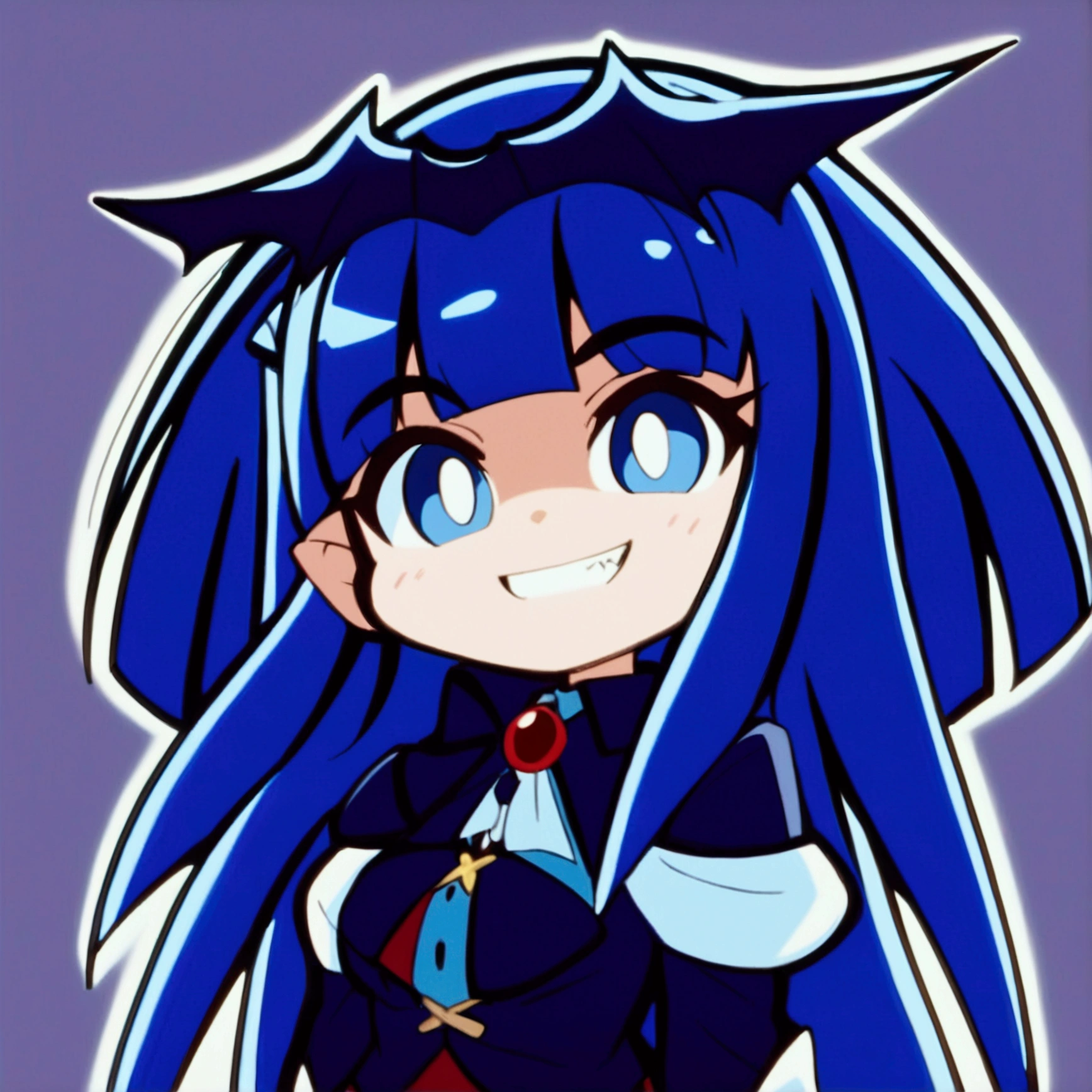 Close-up of a cartoon character with blue hair and blue outfit, anime moe artstyle, 2D anime style, [[[[grinning evilly]]]], , cel - shaded art style, I&#39;ll do fanart too, nasty grin, hero 2d fanart art, chibi, vampire
