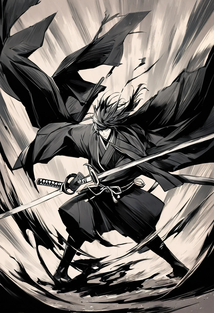 Ink painting,Black and white painting,splash,whole body,smile,Medium Hair,Samurai,Black kimono,(haori),(Intense sword fighting scene with outstretched arms),Drawing strokes drawn with rot ring 0,Dynamic movement and powerful brushstrokes、
