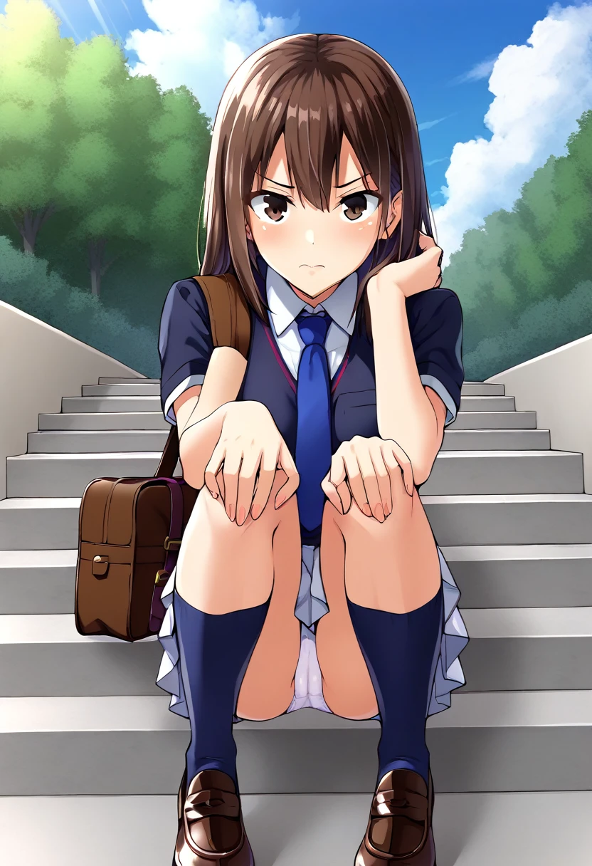 ((((1girl)))), ((dark blue inverted bob haircut, dark blue inverted bob hairstyle, eyes fixed on phone, dark blue eyes, eyes has defined light hypnosis swirls)), (((extremely busty, extremely wide hips, extremely big ass))), slightly tan skin, (wearing Japanese white high school with white skirt and blue tie, wearing dark blue stockings, wearing brown loafers, wearing white panties, holding one phone up to face, defined cameltoe), squatting looking down at viewers, pov viewer pone ground view, slightly cloudy, sunset sky, slightly cloudy, squatting a few feet from viewer, disgusted emotion, pouting, ((on bottom of flight of stairs, park background, hands resting on knees, school brown satchel hanging on right shoulder)),
