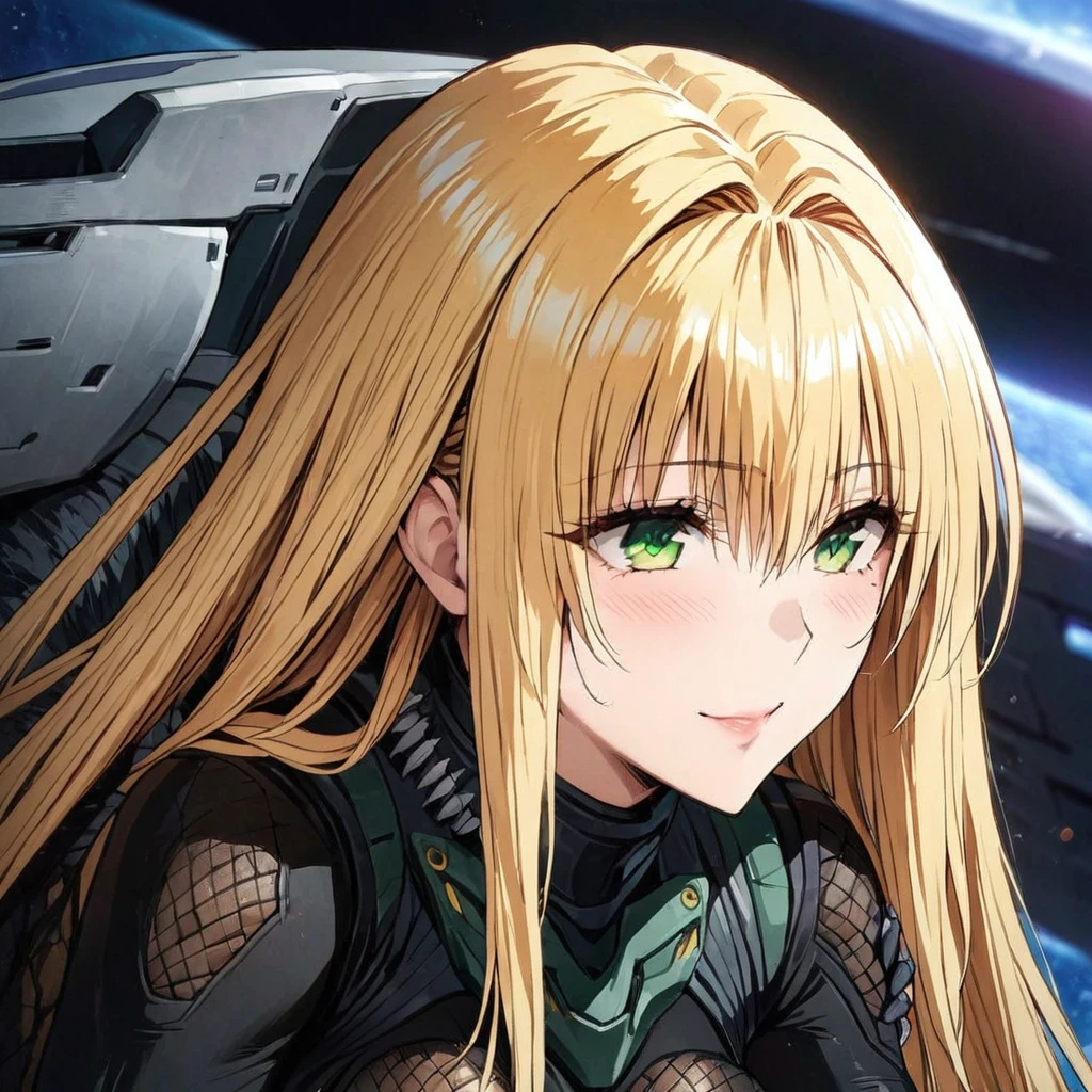 ((Highest quality)), ((masterpiece)), (detailed), （Perfect Face）、The woman is Tiare, a female predator with green eyes and medium-long blonde hair, wearing a black predator bodysuit and carrying a weapon.、She is happily snuggling up to a male predator on a spaceship.