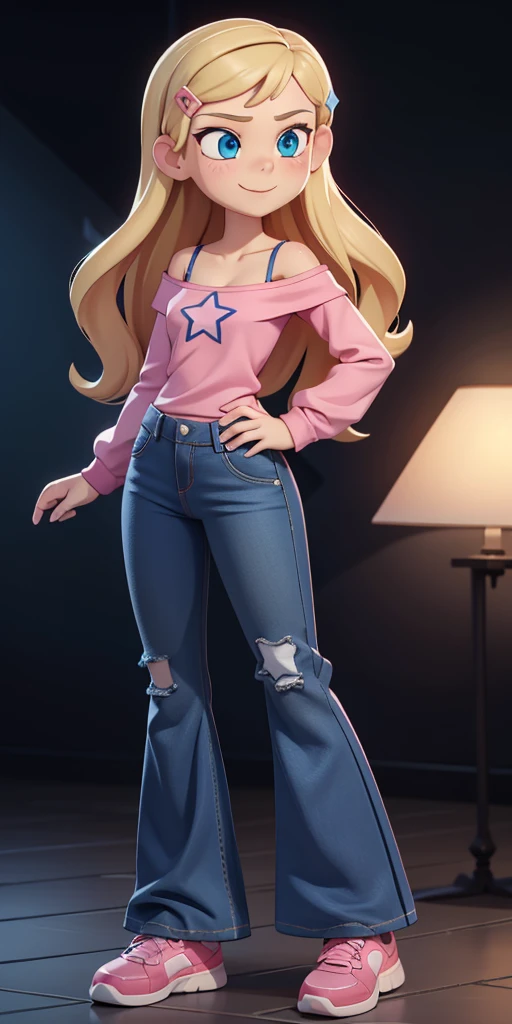 score_9, source_cartoon, 1girl, solo, Kelly Marra, looking very happy, looking very cute, long hair, blonde hair, cute blue eyes, hair ornament, hairclip, white star (symbol) in the middle of the shirt, flare baggy blue pants(Wide flares on pants:1.2), pink sketchers shoes, Pink off shoulder t-shirt with white long sleeves,
