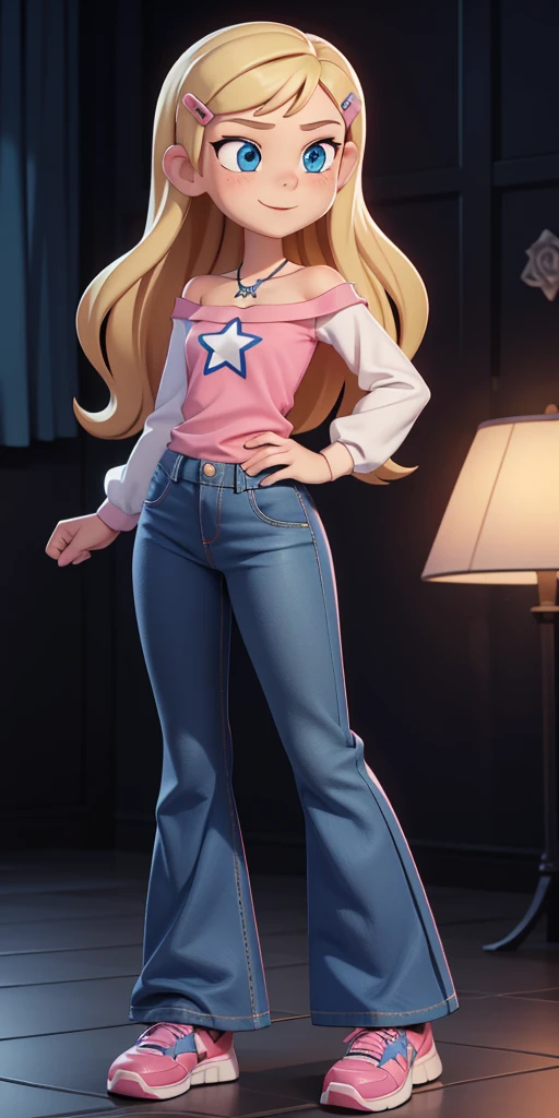 score_9, source_cartoon, 1girl, solo, Kelly Marra, looking very happy, looking very cute, long hair, blonde hair, cute blue eyes, hair ornament, hairclip, white star (symbol) in the middle of the shirt, flare baggy blue pants(Wide flares on pants:1.2), pink sketchers shoes, Pink off shoulder t-shirt with white long sleeves,
