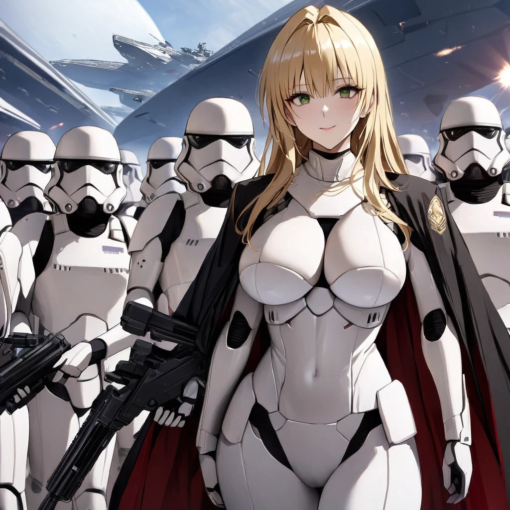 ((Highest quality)), ((masterpiece)), (detailed), (Perfect Face)、The woman is Tiare, a beautiful Stormtrooper with green eyes and medium-long blonde hair, carrying an assault rifle-type blaster.、On Imperial spaceships, they line up in orderly rows with other Stormtroopers and serve in loyalty to Emperor Palpatine.