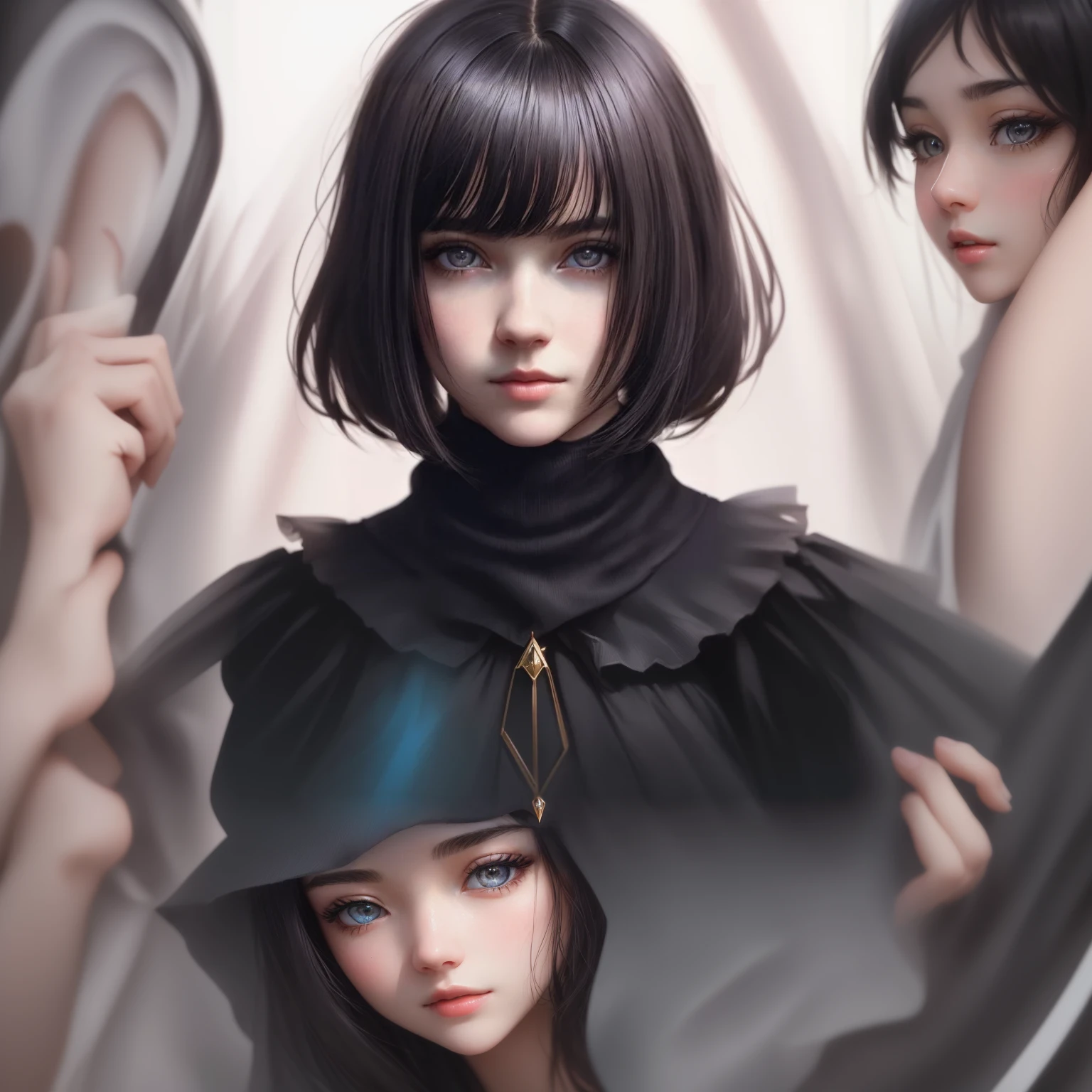 Milenka Mikhailova、(masterpiece)、Realistic、(Portrait of a Girl)、Beautiful Face、 sunlight、Cinema Light、bangs、Beautiful woman、Beautiful Eyes、Short black hair、 Perfect Anatomy、very cute、Princess Eyes、(Eyes are black)、(Frame Head)、Centered、Stylization、 Bioluminescence、8K resolution、Low cut white dress with small blue details、Human hand、 Full of wonders、Elegant and、It's getting close to perfection、Dynamic and、Very detailed、Character Sheet、 Concept Art、soft、Looking straight at the viewer with her body positioned so that it is symmetrical and balanced、 Incredibly beautiful、bangsのある短い黒い詳細なヘアスタイル、