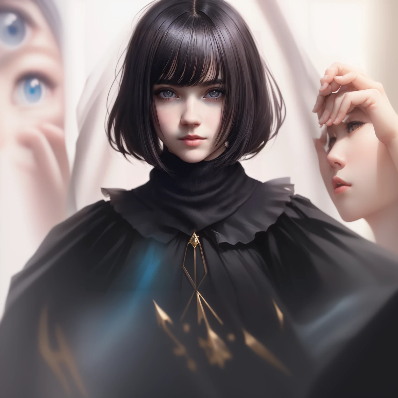Milenka Mikhailova、(masterpiece)、Realistic、(Portrait of a Girl)、Beautiful Face、 sunlight、Cinema Light、bangs、Beautiful woman、Beautiful Eyes、Short black hair、 Perfect Anatomy、very cute、Princess Eyes、(Eyes are black)、(Frame Head)、Centered、Stylization、 Bioluminescence、8K resolution、Low cut white dress with small blue details、Human hand、 Full of wonders、Elegant and、It&#39;s getting close to perfection、Dynamic and、Very detailed、Character Sheet、 Concept Art、soft、Looking straight at the viewer with her body positioned so that it is symmetrical and balanced、 Incredibly beautiful、bangsのある短い黒い詳細なヘアスタイル、