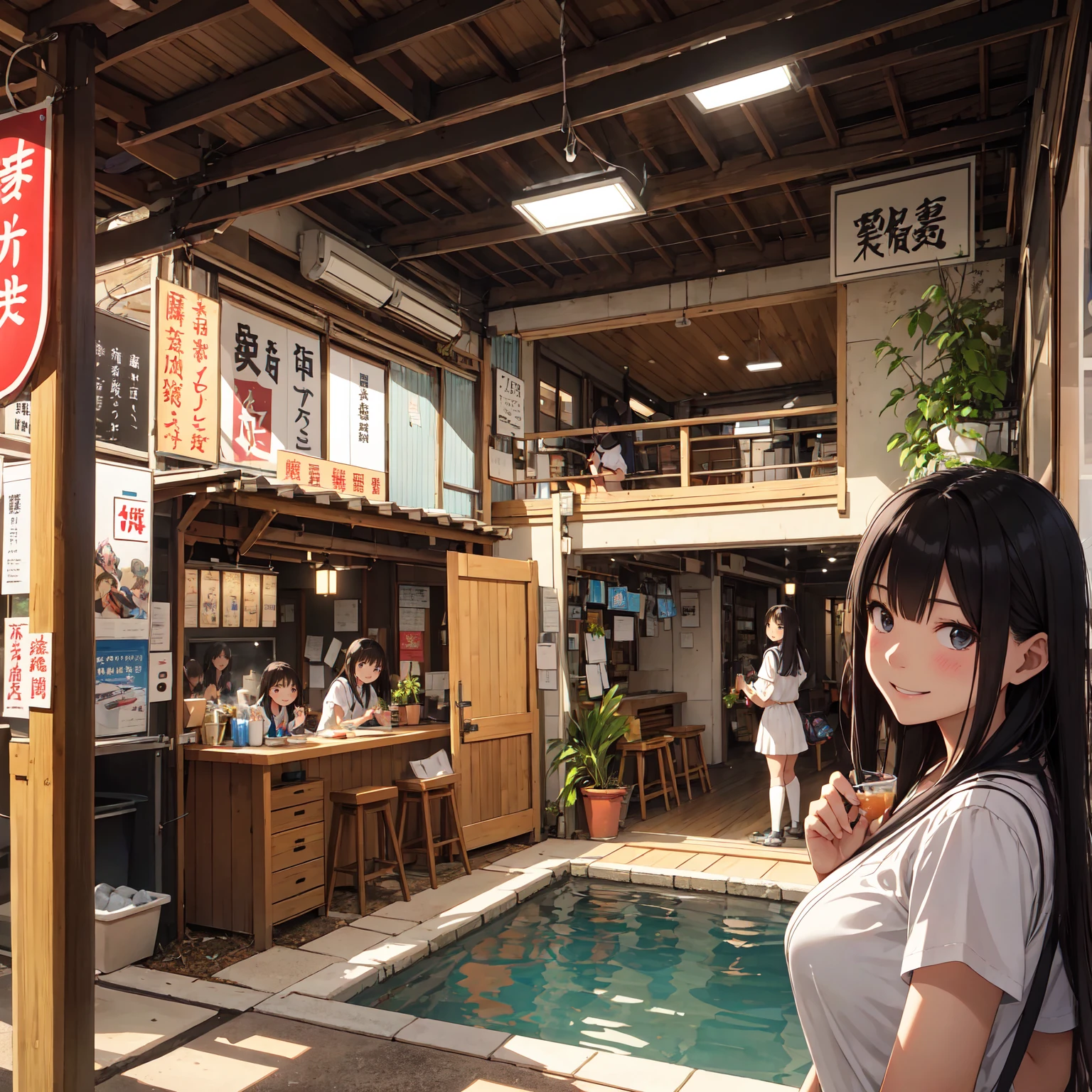 (masterpiece、Highest quality)、(Photorealistic photography)、1 picture、(Japan's dimly lit underground mall)、Japan favelas、13 years old、、Showa Retro、Detailed and cute face、Poor conditions、(Underground hot spring facilities)、shaved ice、Sale of drinks、Unsanitary and dim、(stage)、(Big bath)、Shady Red Light District、diet、(Many female junior high school students)、(Prostitute)、へにょへにょしたsmile、Happy schoolchildren、Perfect Anatomy、smile