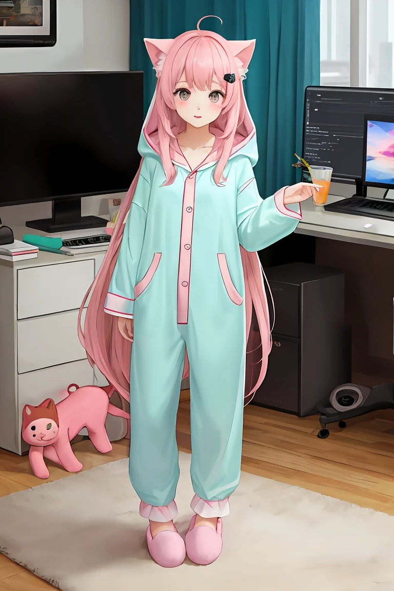 (score_9,score_8_up,score_7_up,score_6_up,score_5_up,score_4_up),masterpiece, top quality, best quality, official art, beautiful and aesthetic, animation, , 1girl with cat ear, perfect figure, pink hair, complicated details,, in front of the computer, wearing cute hooded pajamas, long cotton socks and small slippers, long pink hair, small fish hairpin ,