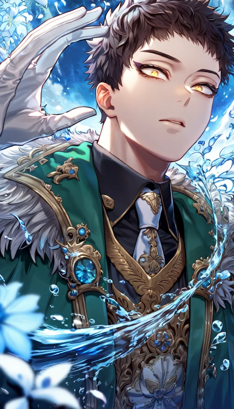 absurdres, highres, ultra detailed, HDR, master piece, Overhaul, dark brown hair, short hair, short bangs, expressive golden eyes, long eyelashes, Boku No Hero Academia, sexy man, solo, handsome, best quality, blue moon, blue flowers, fantasy, magical, water, blue shining fireflies, blue petals, black shirt, white necktie, white gloves, green coat with fur
