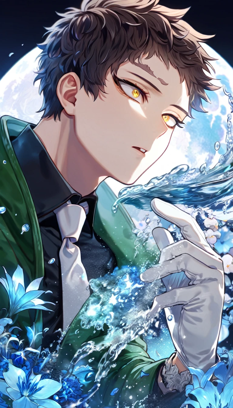 absurdres, highres, ultra detailed, HDR, master piece, Overhaul, dark brown hair, short hair, short bangs, expressive golden eyes, long eyelashes, Boku No Hero Academia, sexy man, solo, handsome, best quality, blue moon, blue flowers, fantasy, magical, water, blue shining fireflies, blue petals, black shirt, white necktie, white gloves, green coat with fur