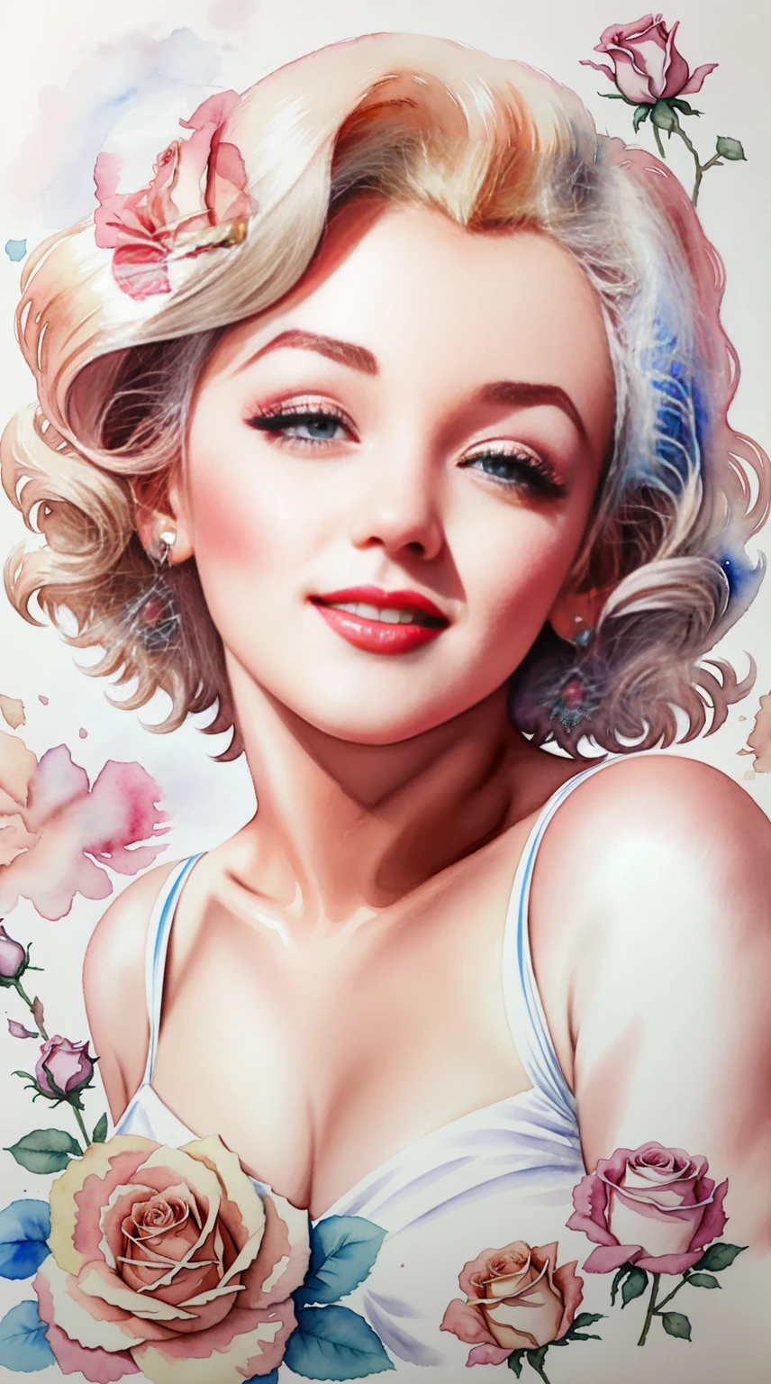 close up photo of Marilyn Monroe, watrcolor style, (rose) digital art, official art, blown by the wind, masterpiece, beautiful, ((watercolor)), paint splatter, intricate detail. Great detail, [dripping:0.7], Trending on Artstation, Rachel Walker