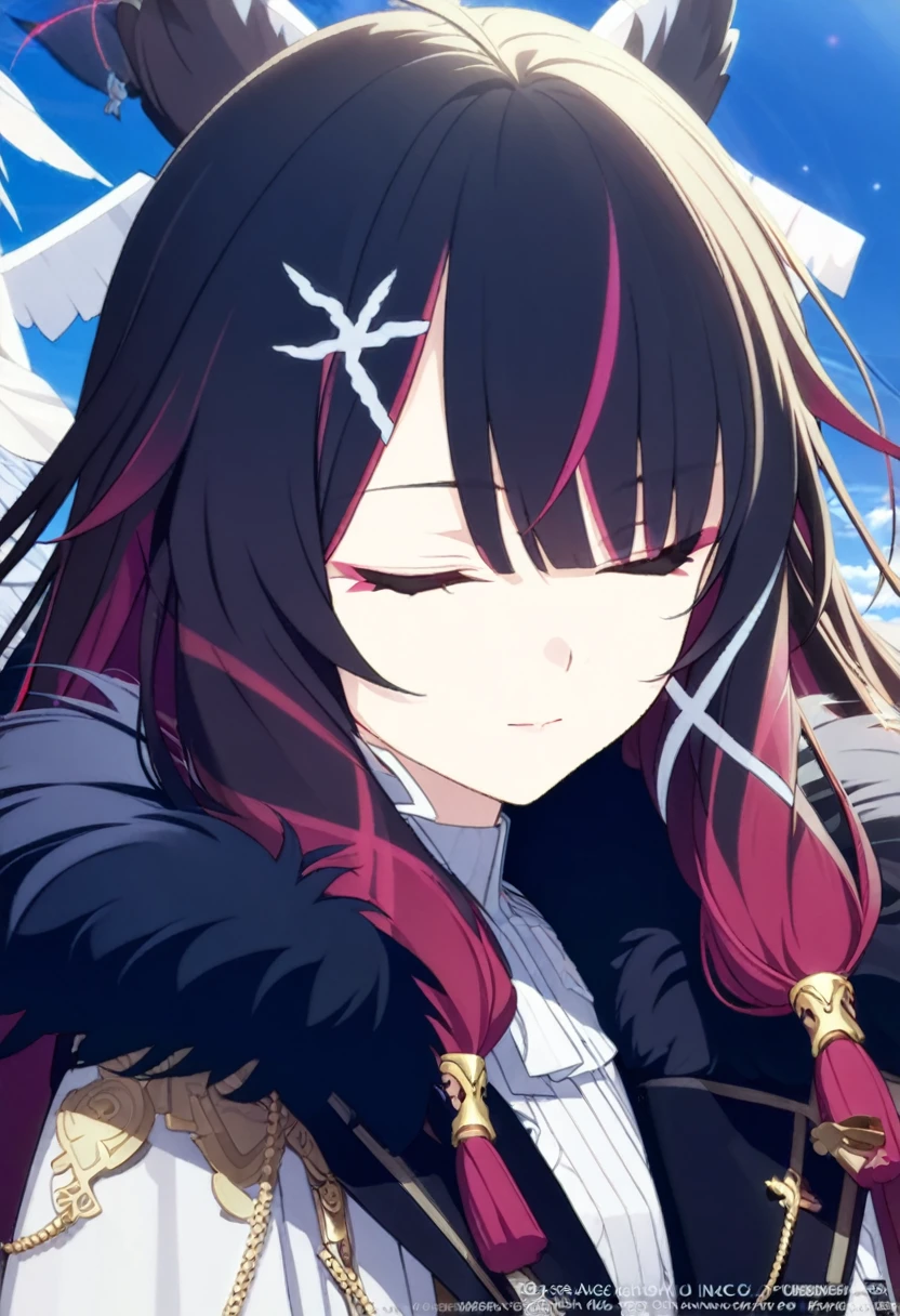 (Masterpiece, Superior quality, Best Quality, Official Art, beautiful and aesthetic:1.2),(8k, Best Quality, Masterpiece:1.2), (((Masterpiece))),(((Best Quality))),(((extremely detailed))),illustration, OMS, (Masterpiece, Superior quality, Best Quality, Official Art, beautiful and aesthetic:1.2),(8k, Best Quality, Masterpiece:1.2), (Masterpiece, Best Quality:1.3), Columbina, closed eyes, multicolor fur, hair ornament, 1 girl, Alone, multicolor fur, colored inner hair, old, black fur, two tone hair, hair ornament, very long hair, tassel, looking at the viewer, gloves, long sleeves, black fur y rojo, Upper part of the body, tassel earrings, large old, jewelry, sky