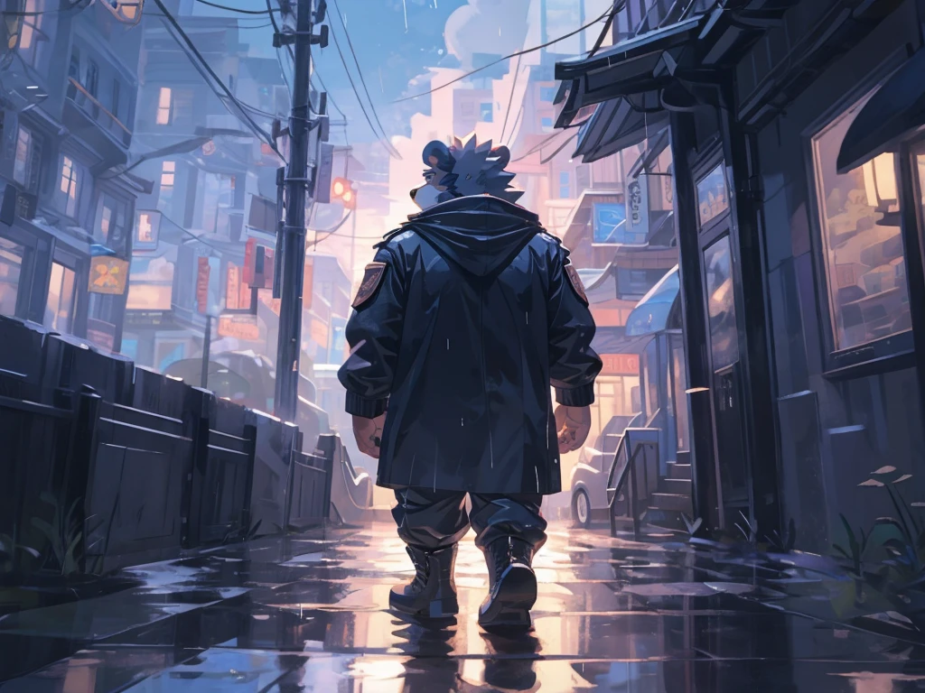 (masterpiece:1.2), best quality,pixiv,official art,perfect ???????, (Ray tracing, light),solo, (1_male:1.3) , (muscle), (grey fur:1.4), (muscle bear), (beard:1.2), (gleaming golden eyes), bear tail, full body, Thick black eyebrows,(open hooded parka), (naked inside), (cargo pants:1.2), boots , rainy day, fog , wet body , storm, black cloud, city, plaza , square , unhappy