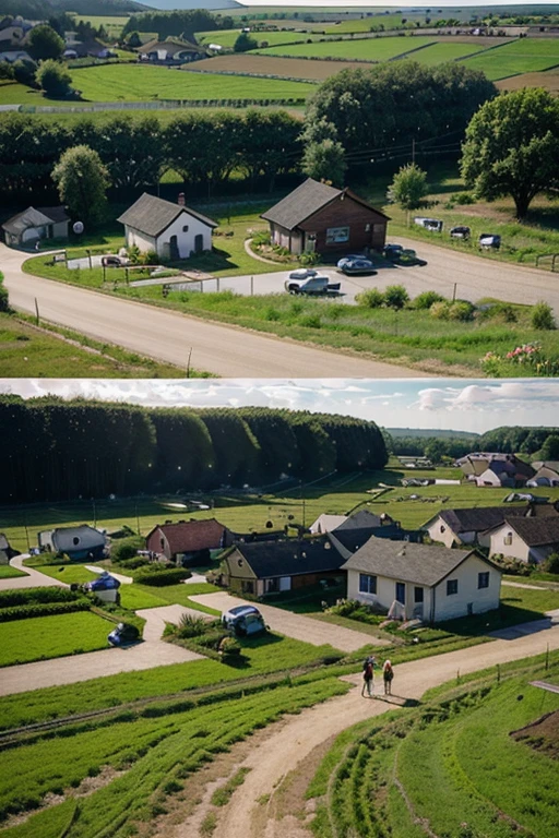  Awakening of the Visual Community: A small rural town with colorful houses and green fields. People doing their daily tasks.
Narration: "In the heart of our community, a dream began to take shape..."
Dialogue: "Have you heard about the new community project?" - One neighbor says to another as they walk through the market..