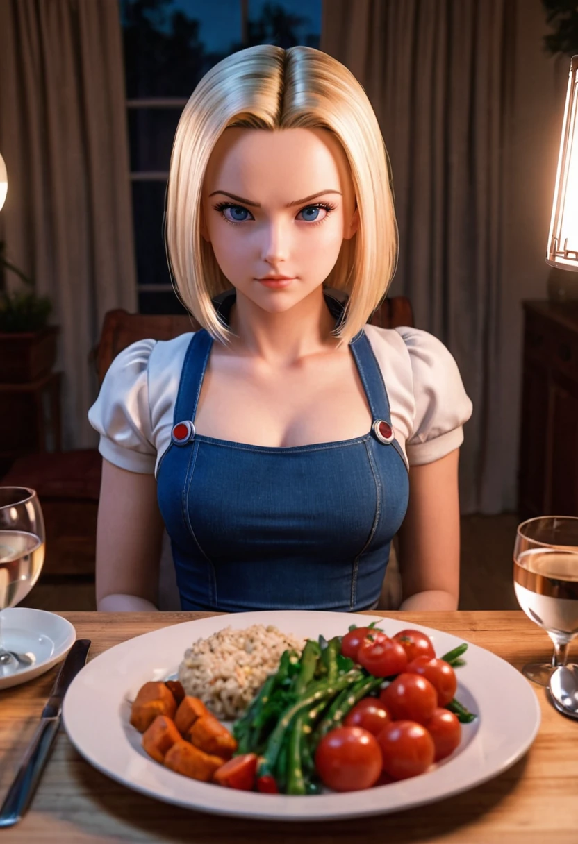 Android 18, pov home dinner date, romantic lighting 