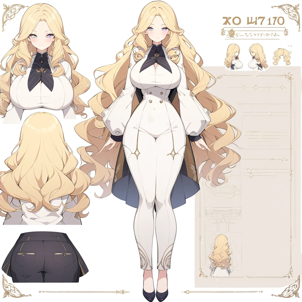 Woman 170cm tall, big chest, wide hip. (character design sheet: Full body front view). (blonde hair, hip length curly wavy hair, It's set in big side bangs., She has a short double braid tied with an elegant purple bow on the left side of her hair above her chest. She has a short double braid tied with an elegant purple bow on the right side of her hair above her chest. She has small ribbons in the back of her hair.). Gray eyes with a purple 4-pointed star in the pupil. Two black and purple serval ears located on the top of the head. Luminous black halo with purple star patterns above his head. black necklace with a heart emblem on the neck. (Elegant one-piece long dress with lace and ruffle skirt, ribbon decorations and star patterns on the dress). black gloves, beautiful black platform heels. gray belt at the waist with a large ribbon with a luminous pink heart in the middle. He has a complex demon tail with a small purple star on the tip.. (It has complex mechanical legs that reach up to the thighs and are black with small purple details.). beautiful detailed hair, beautiful detailed dress. extremely detailed arms. extremely detailed face, small face, Beautiful detailed eyes, beautiful detailed lips. adorable. extremely detailed legs. (Best Quality, 4k, 8k, high resolution), ultra detailed, Exquisite and epic character art.