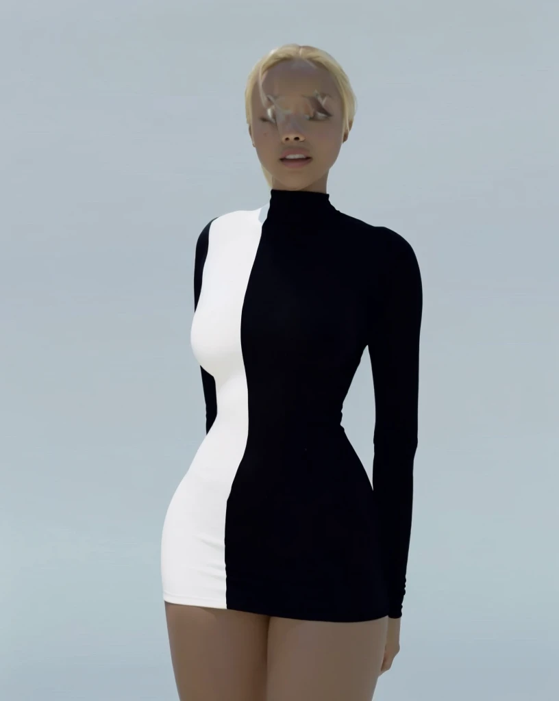 (Beautiful teen girl, Sonequa Martin-Green, Dove Cameron, Laura Harrier, Peyton List), Wearing tight white and black cotton-Lycra-fabric long sleeve mini dress, round breasts, slim waist, big hips, beautiful soft thighs, beautiful legs,(HDR, 8K, vivid, vibrant, detailed: 1.4), (hyper realistic, movie graphics), fog grey desert background