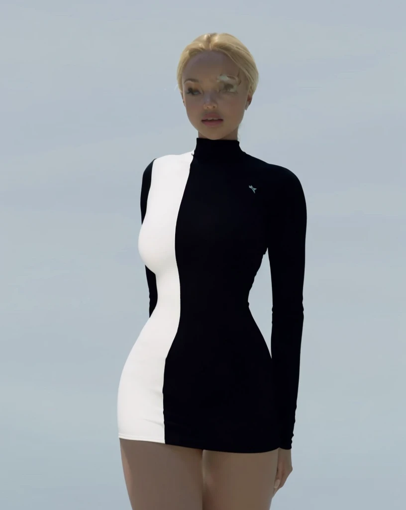(Beautiful teen girl, Sonequa Martin-Green, Dove Cameron, Laura Harrier, Peyton List), Wearing tight white and black cotton-Lycra-fabric long sleeve mini dress, round breasts, slim waist, big hips, beautiful soft thighs, beautiful legs,(HDR, 8K, vivid, vibrant, detailed: 1.4), (hyper realistic, movie graphics), fog grey desert background