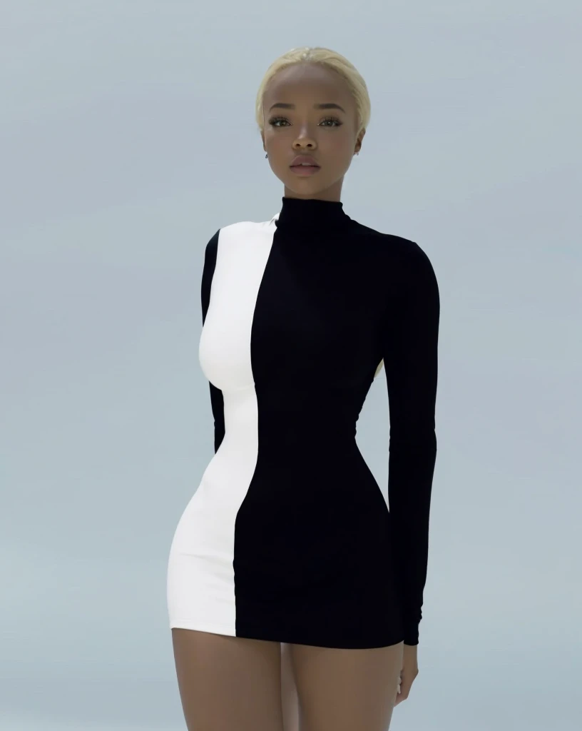 (Beautiful teen girl, Sonequa Martin-Green, Dove Cameron, Laura Harrier, Peyton List), Wearing tight white and black cotton-Lycra-fabric long sleeve mini dress, round breasts, slim waist, big hips, beautiful soft thighs, beautiful legs,(HDR, 8K, vivid, vibrant, detailed: 1.4), (hyper realistic, movie graphics), fog grey desert background