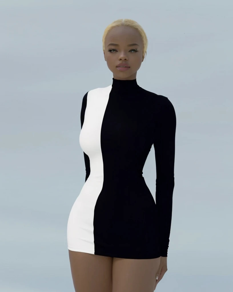 (Beautiful girl, Sonequa Martin-Green, Dove Cameron, Laura Harrier, Peyton List), Wearing tight white and black cotton-Lycra-fabric long sleeve mini dress, round breasts, slim waist, big hips, beautiful soft thighs, beautiful legs,(HDR, 8K, vivid, vibrant, detailed: 1.4), (hyper realistic, movie graphics), fog grey desert background