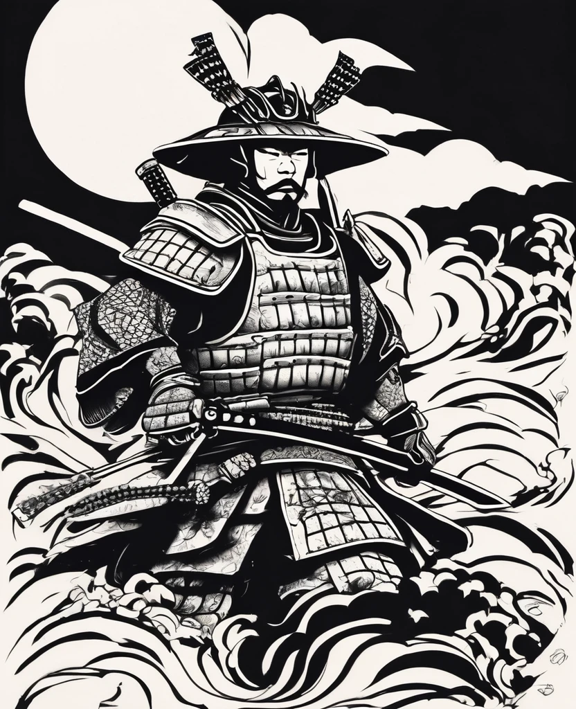 A dynamic depiction of a Japanese samurai in traditional Japanese armor, simply drawn in black and white in a paper-cut style.