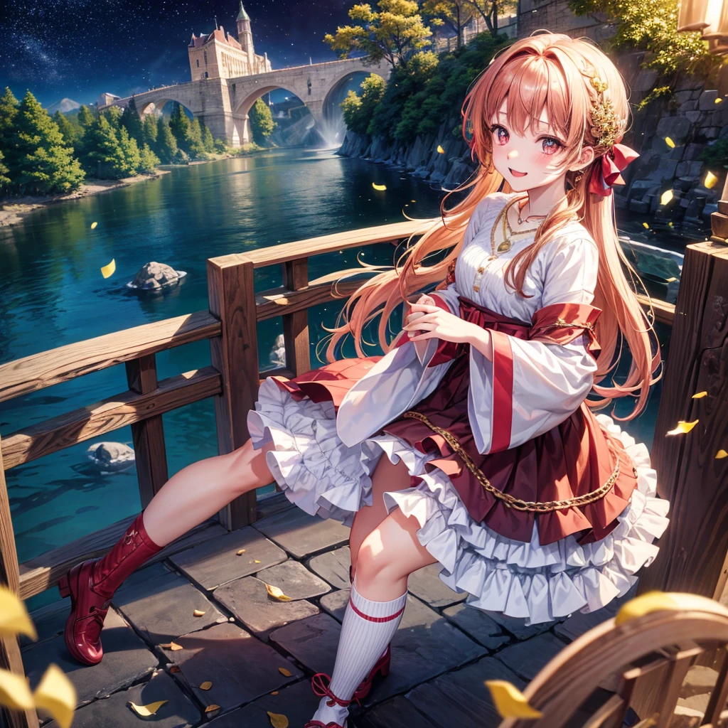Pink, red, brown, gold, gold hair、Red gold eyes、Hair tied up、One good looking girl、solo、anime、Checkered mini skirt、Ruffles on the skirt、Checked dress、blouse、Kimono、Black knee-high socks、Ribbon、Ribbon on waist、Teeth are visible、Sparkly Necklace、From above、Cobblestones、waterfall、Starry Sky、Midnight Moon、suspension bridge、Standing still、Confetti、Kicking、Brick construction、Uphill、An old castle built on a rocky mountain、The scenery is reflected on the water