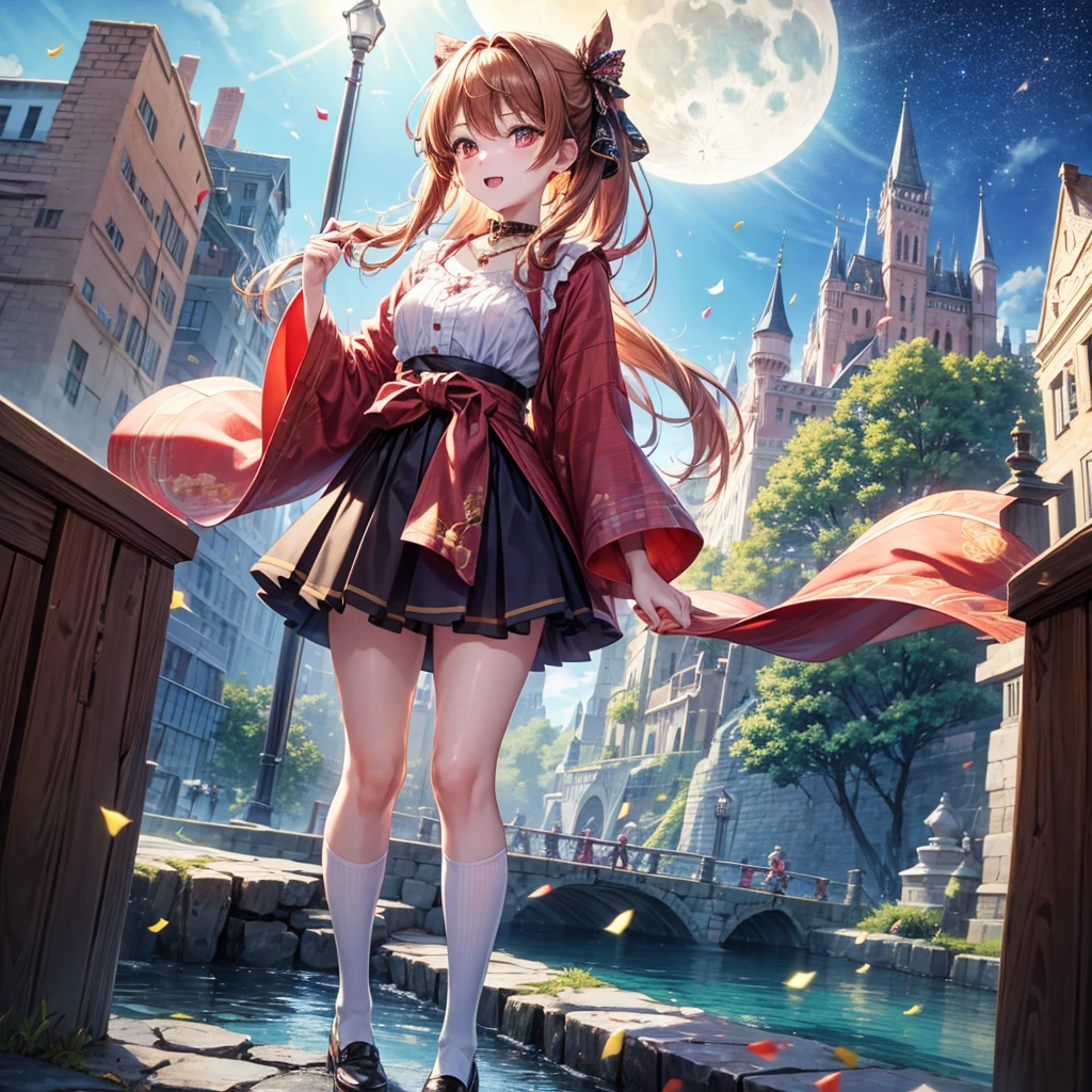 Pink, red, brown, gold, gold hair、Red gold eyes、Hair tied up、One good looking girl、solo、anime、Checkered mini skirt、Ruffles on the skirt、Checked dress、blouse、Kimono、Black knee-high socks、Ribbon、Ribbon on waist、Teeth are visible、Sparkly Necklace、From above、Cobblestones、waterfall、Starry Sky、Midnight Moon、suspension bridge、Standing still、Confetti、Kicking、Brick construction、Uphill、An old castle built on a rocky mountain、The scenery is reflected on the water