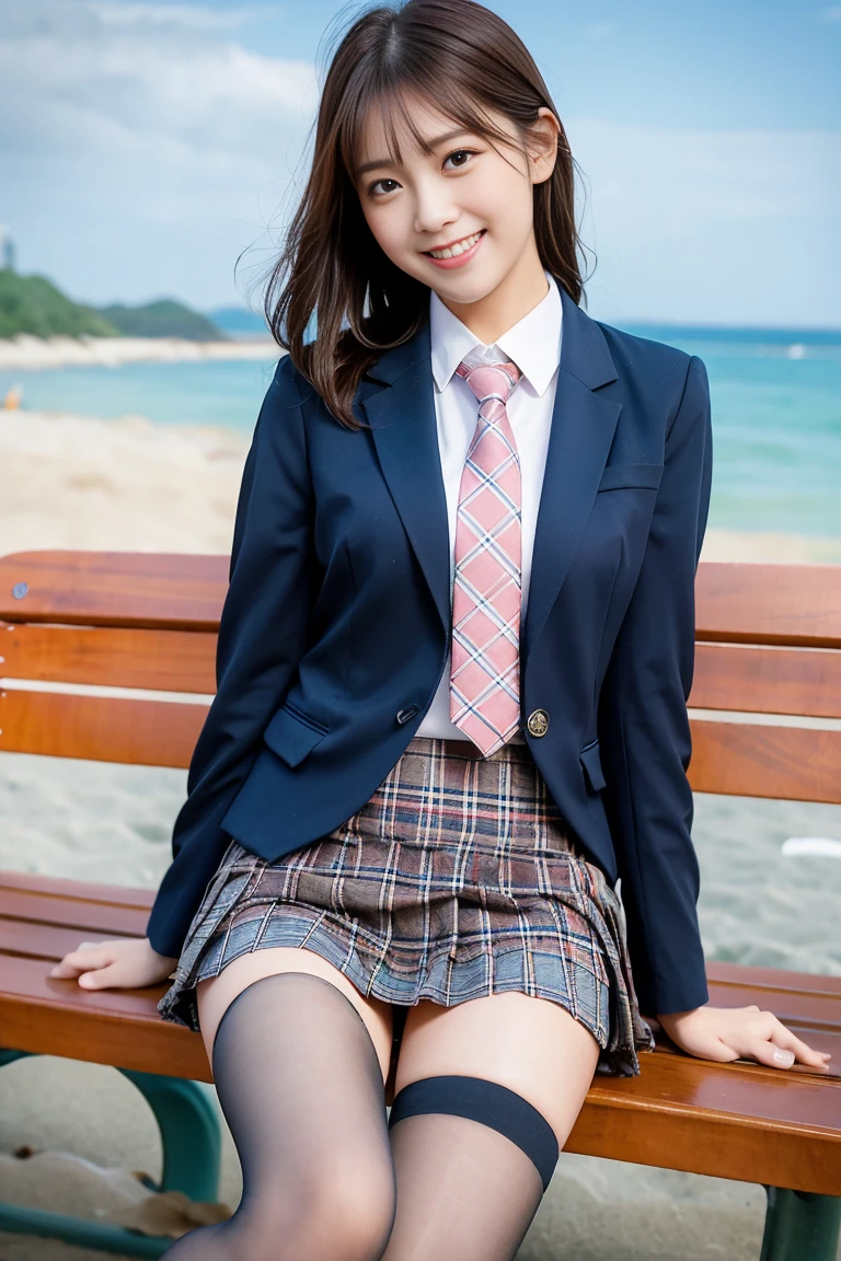 (8K), (highest quality: 1.2), (Realistic), (Realistic: 1.37), Ultra-high resolution, 1 girl, cute, (Embarrassed smile:1.2), (Blushing:1.4),Mouth closed, Beautiful details, Beautiful Nose, Wet Hair,bangs, giant dulcefo, pork, Thighs,Navel exposed,University Student Uniform,A simple blazer,Pleated skirt,(The skirt and tie are tartan check pattern.:1.3),Platform boots, (sitting on a beach side park bench:1.2),(Shiny Thighs:1.2), medium shot,Very thin panty hose