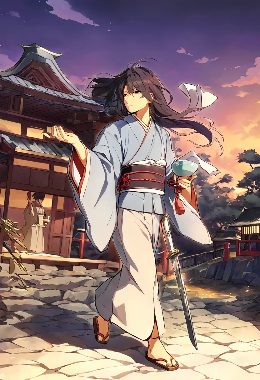 alone, Long Hair, arms, sword, drinking, Holding, One boy, Holding arms, Floating Hair, Holding sword, kimono, Outdoor, whole body, Are standing, Long sleeve, sash, cup, Raise your hand, knife, Wide sleeves, Wind, east asian architecture, sheath, architecture, walking, kimono, Holding cup, sheathに収められた