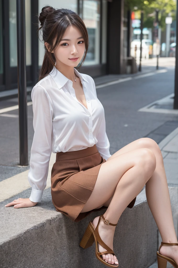 (8K, RAW Photos, Highest quality, masterpiece:1.2), Super detailed, Ultra-high resolution, (Realistic, Photorealistic:1.37) , High-definition RAW color photos, Professional photos, Very delicate and beautiful, Very detailed, 8K壁紙 , (Beautiful and detailed eyes:1.1),(Beautifully detailed face:1.1),Anatomically correct body shape , Fine and beautiful skin,Skin Texture , Cowboy Shot , looking at the camera , Natural light , 1 person , woman , Japanese , 20-year-old , E cup bust , Slim waist , , Shiny Hair , Bun Hair , Brown Hair , Shy Smile , Blouse , A skirt that covers the knees , , , , (Sit on your heels:1.2) , Spread legs pose ,( Panty showing pose:1.21) , Showcasing pussy ,Emphasize the cleavage , Sharp focus , The background is the real Shibuya city